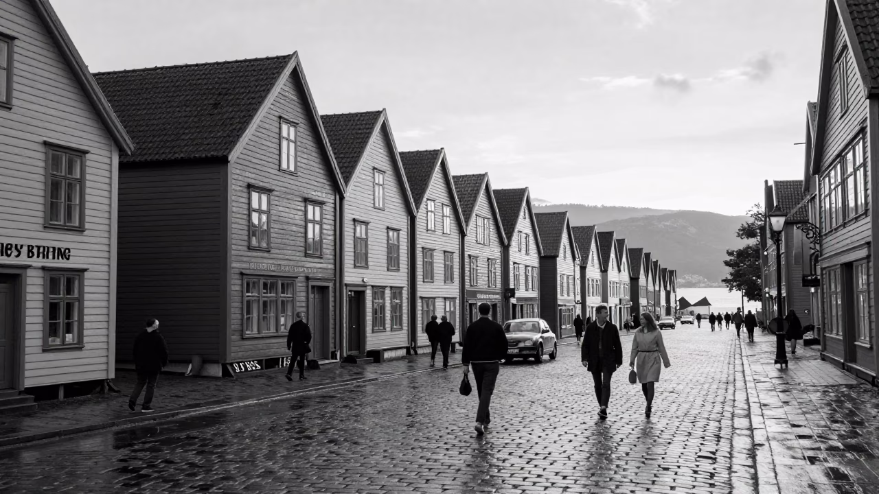 Vintage 1950s Street Scene in Bergen Norway Before Sunrise in in Bergen, Norway