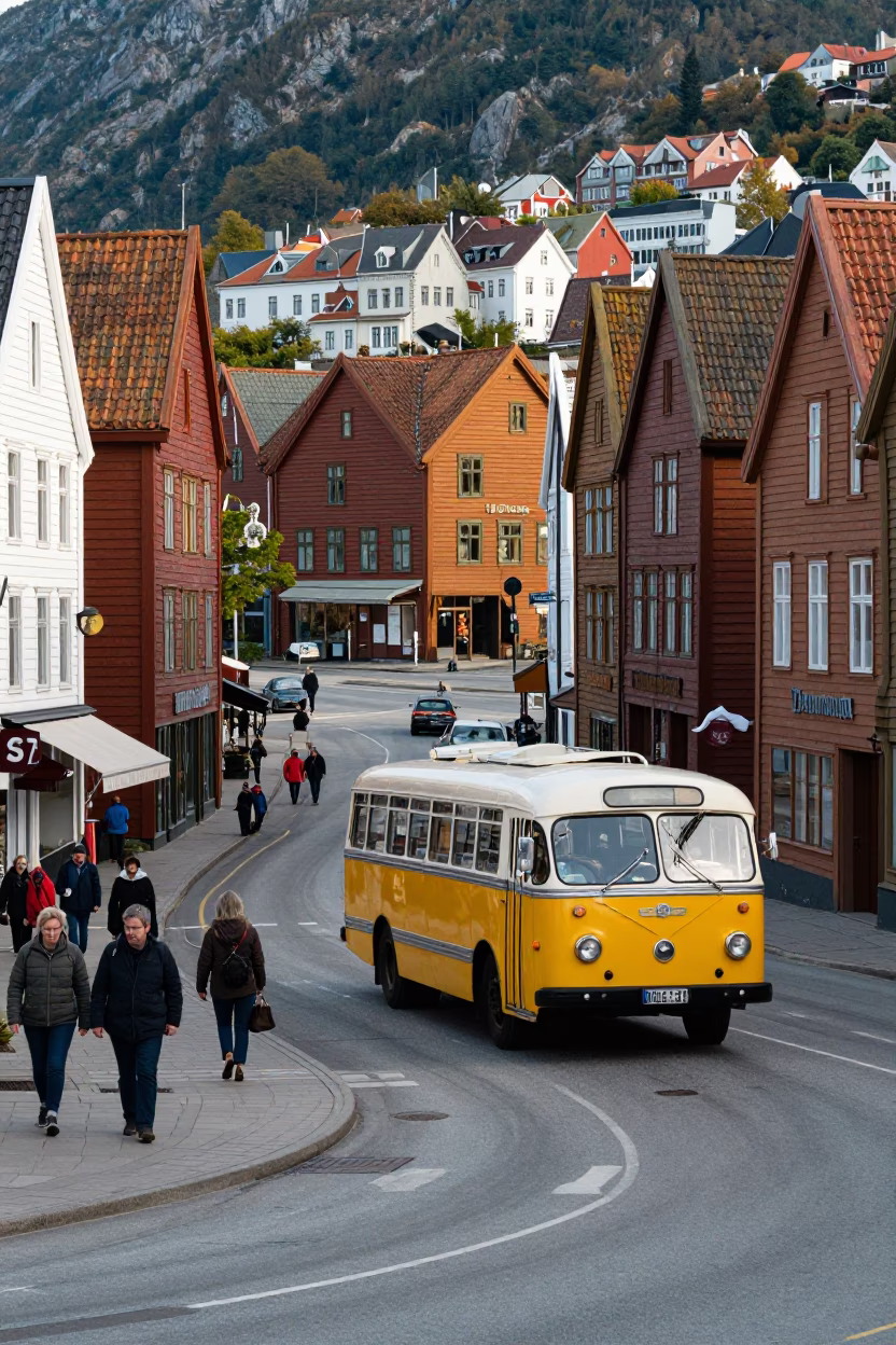 Vintage 1950s Street Scene in Bergen Norway with Classic Bus and Apples in in Bergen, Norway