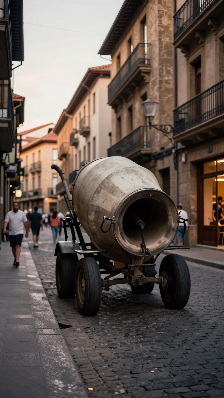 Vintage 1950s Street Scene in Bilbao Spain with Cement Mixer and Local Interaction in in Bilbao, Spain
