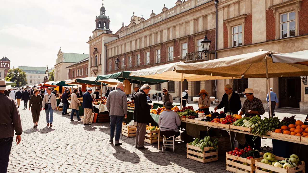 Vintage 1950s Street Scene in Krakow Poland Late Morning Market Stalls in in Krakow, Poland