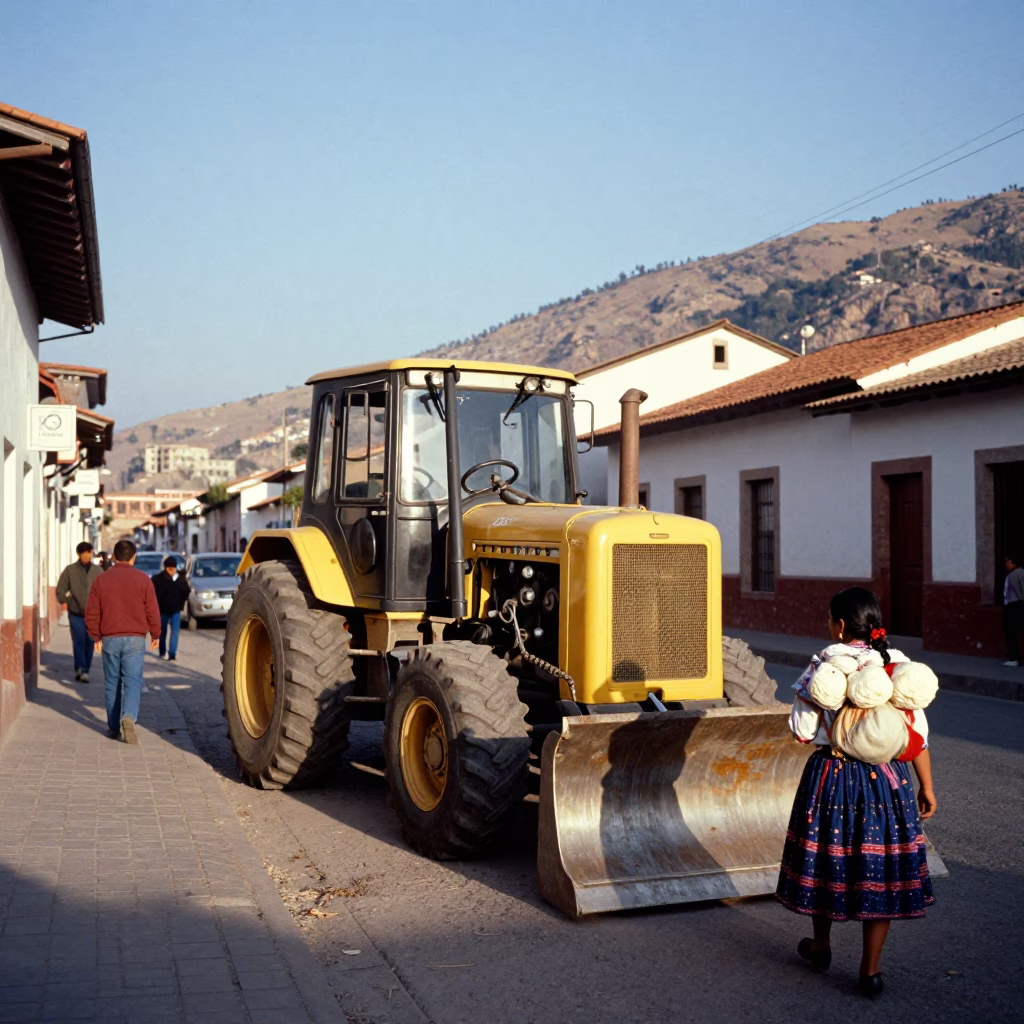 Vintage 1950s Street Scene in La Paz Bolivia with Bulldozer and Local Life in in La Paz, Bolivia
