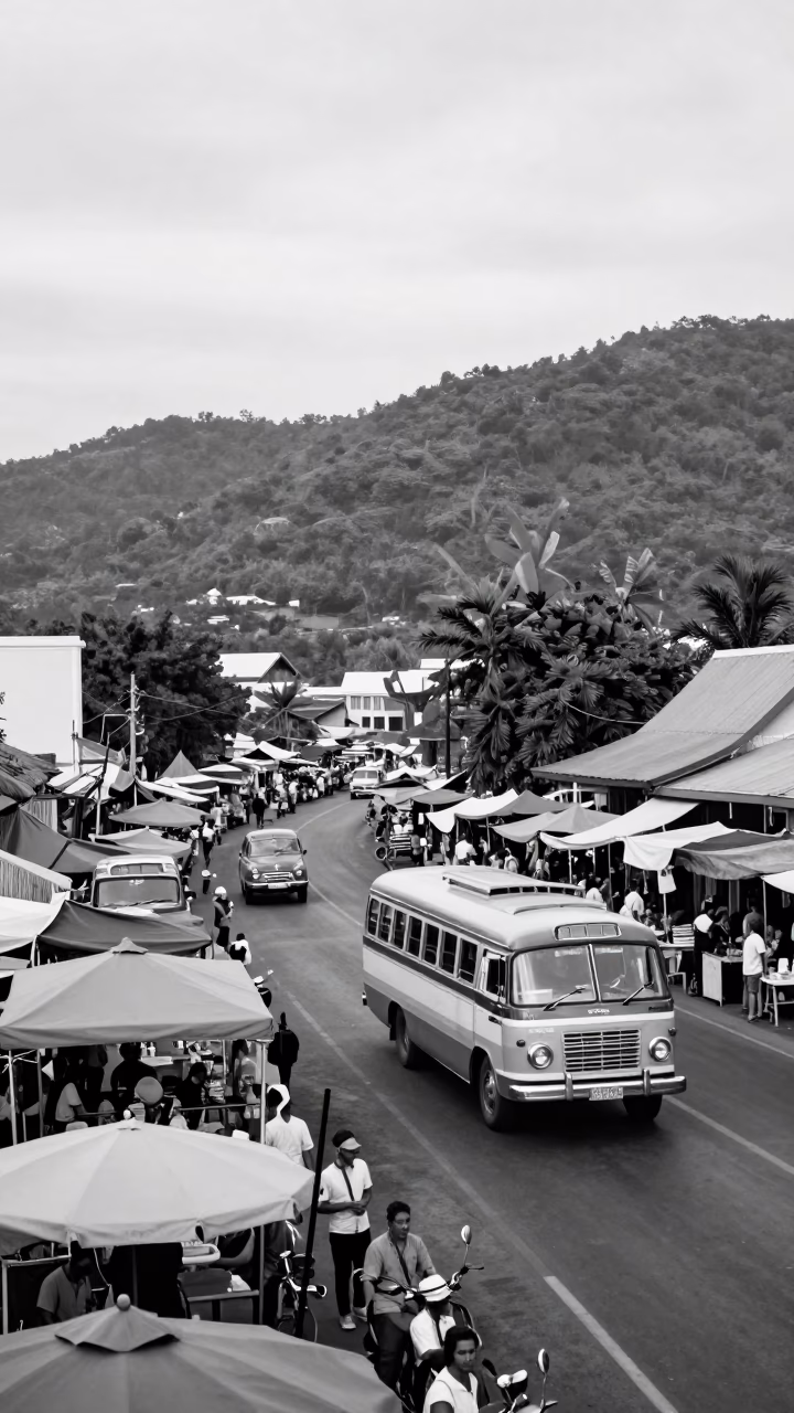 Vintage 1950s Street Scene in Phuket Thailand Early Evening Market Activity in in Phuket, Thailand