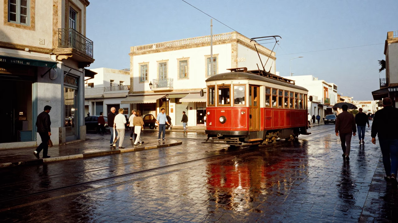 Vintage 1950s Street Scene in Tunis Tunisia with Tramcar Reflection on Wet Cobblestones in in Tunis, Tunisia