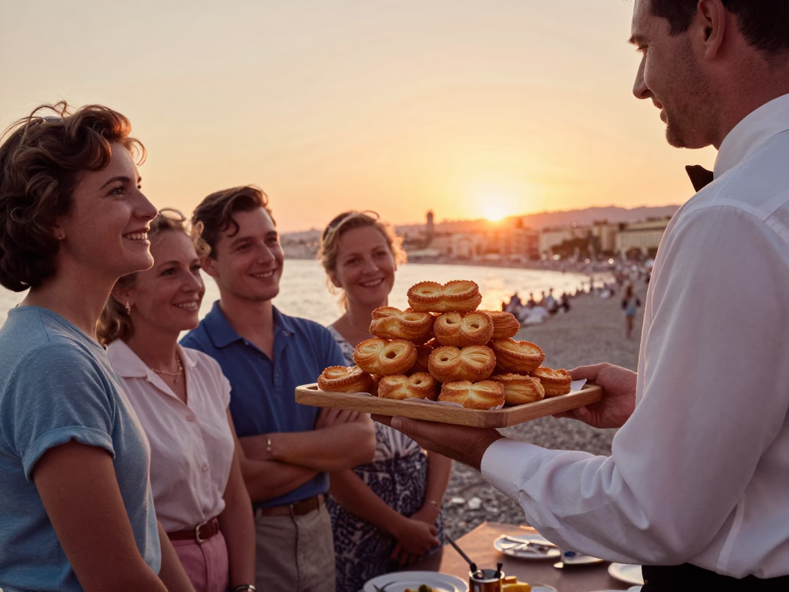 Vintage 1950s Sunset Scene in Nice France with Tray of Palmiers in in Nice, France