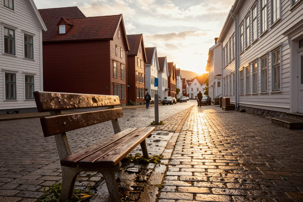 Vintage 1950s Sunset Street Scene in Bergen Norway with Weathered Bench and Urban Details in in Bergen, Norway