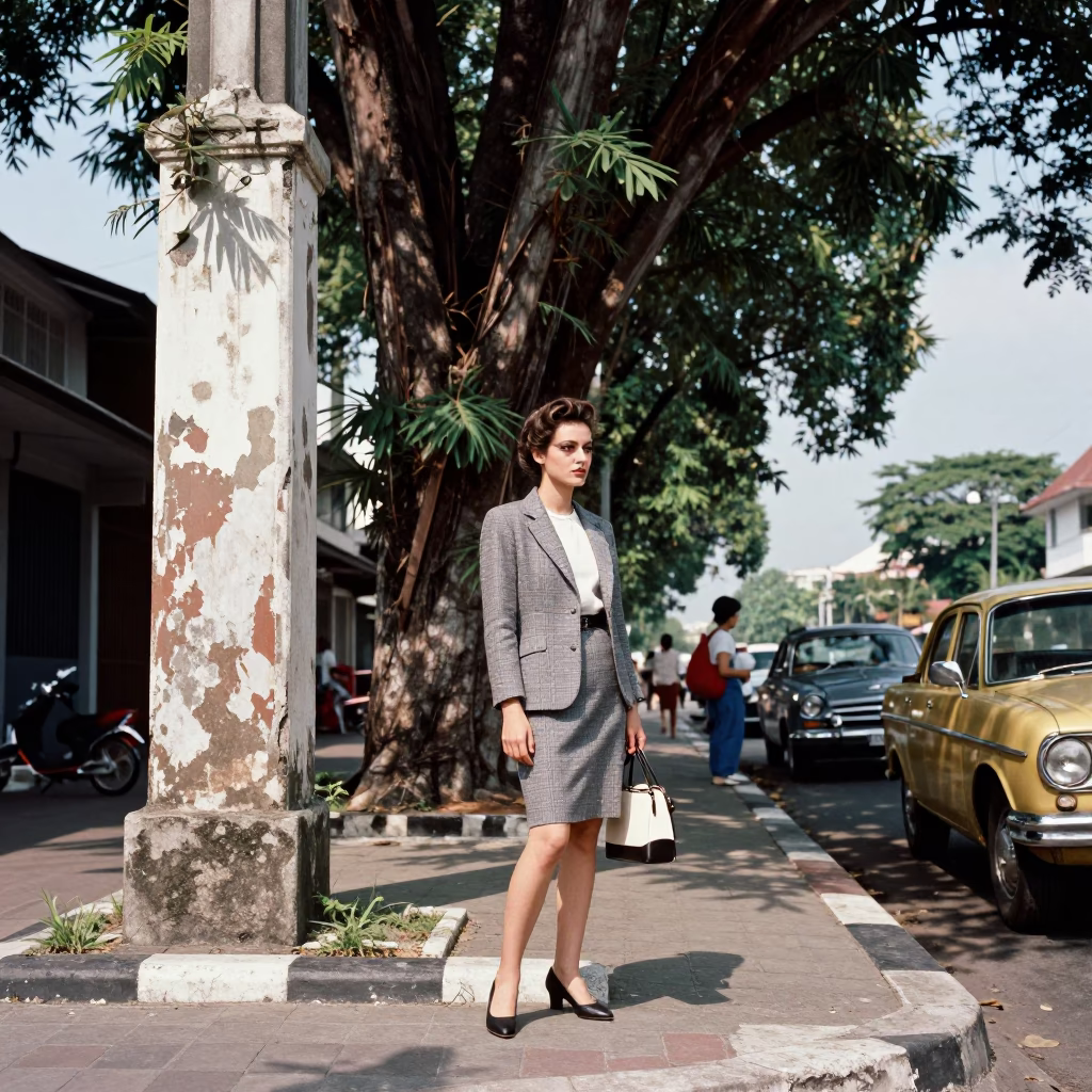 Vintage 1950s Surabaya Indonesia Street Scene with Eucalyptus Grove and Local Market Activity in in Surabaya, Indonesia