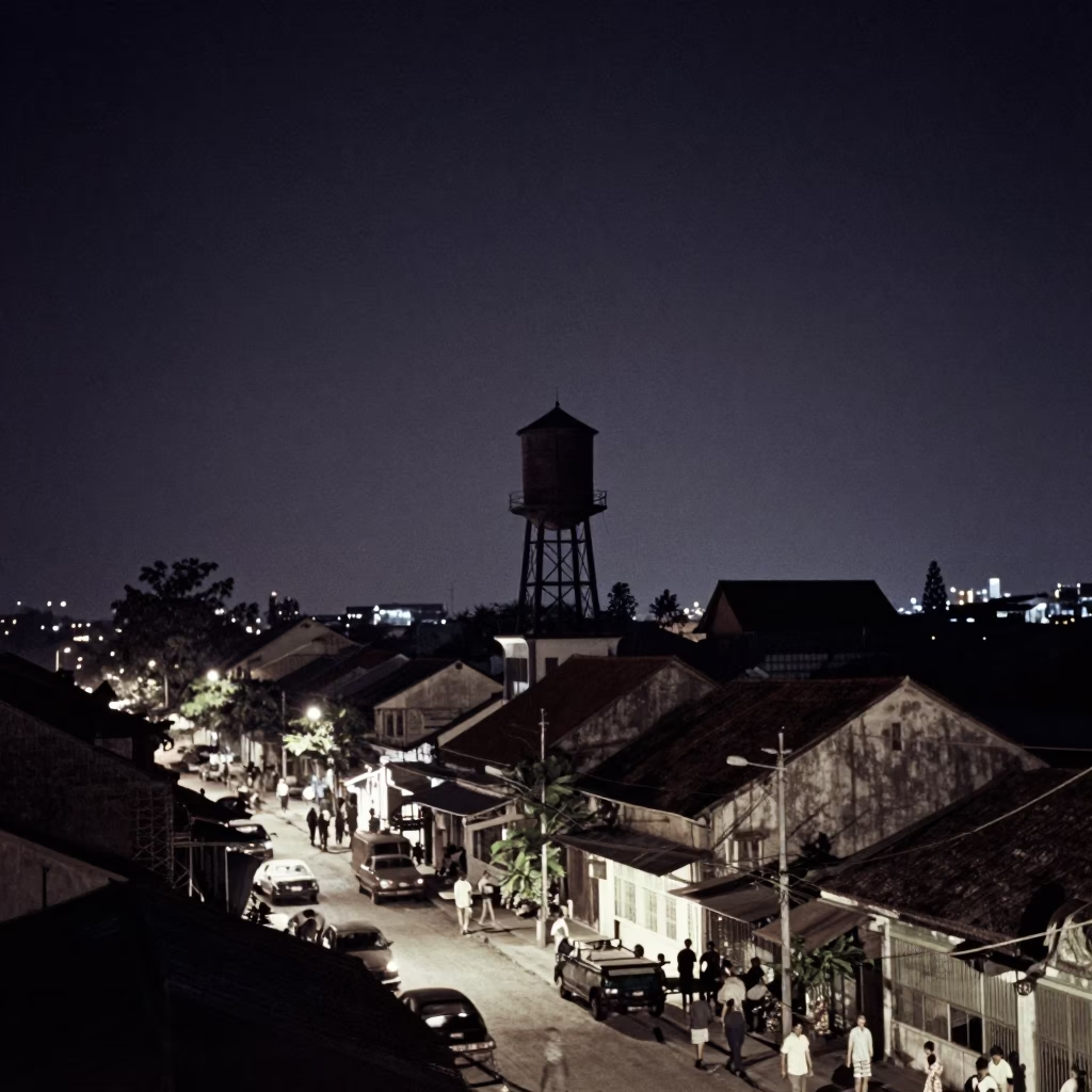 Vintage 1950s Surabaya Night Scene with Rooftop Water Tower and Street Life in in Surabaya, Indonesia