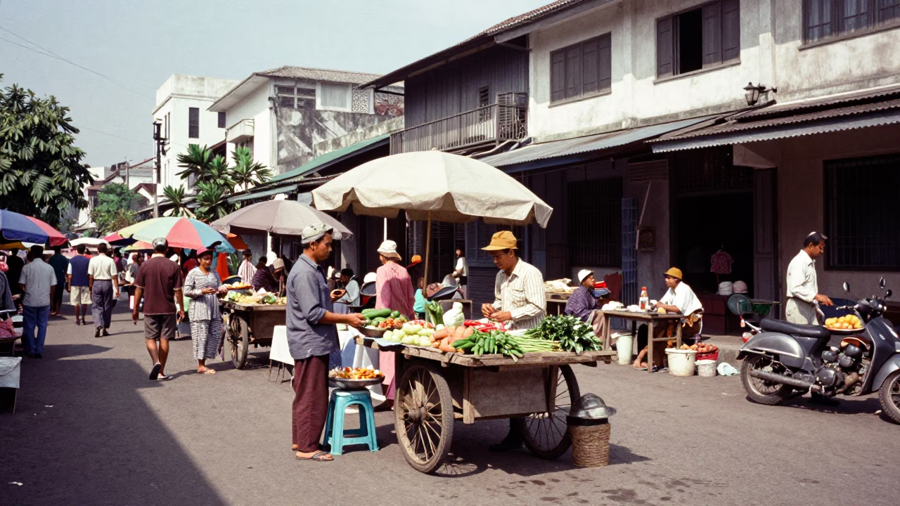 Vintage 1950s Surabaya Street Scene with Local Market Activity and Traditional Elements in in Surabaya, Indonesia