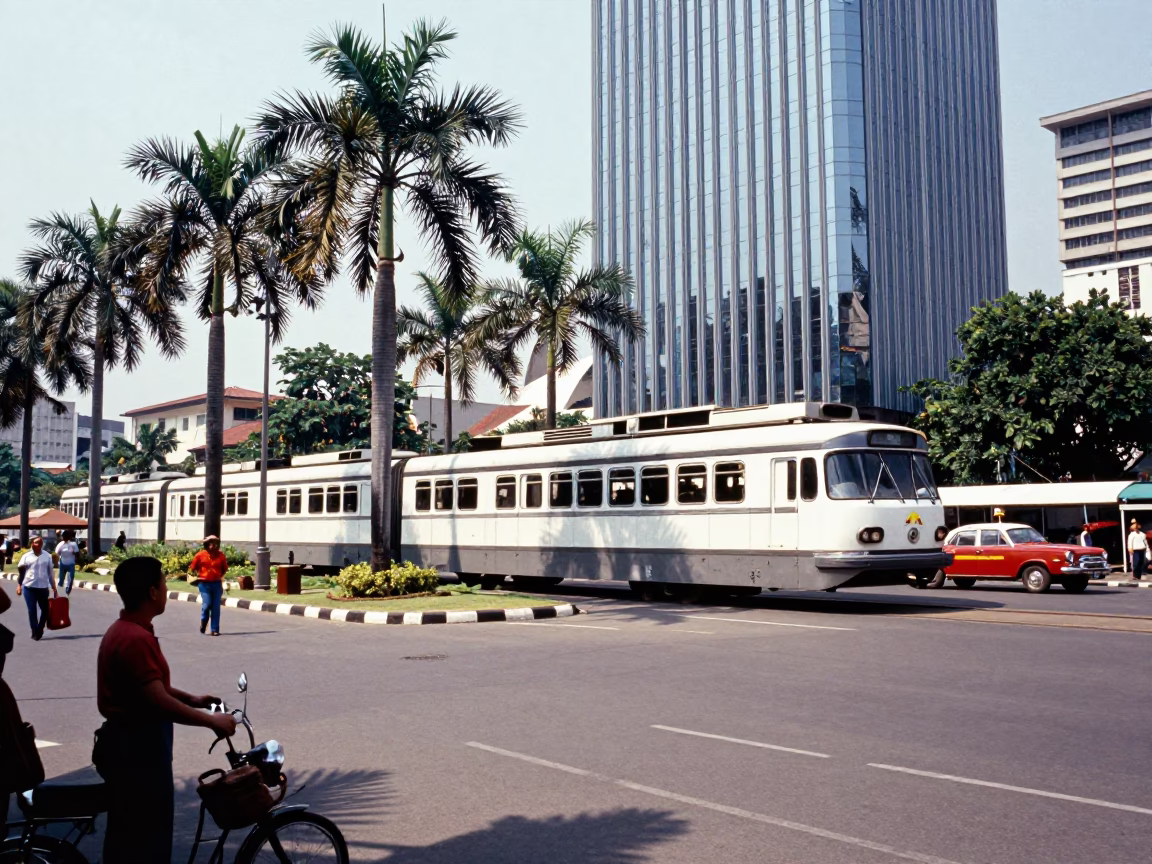 Vintage 1950s Surabaya Street Scene with Monorail and Palm Trees in Bright Morning Light in in Surabaya, Indonesia