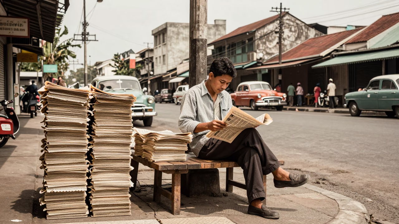 Vintage 1950s Surabaya Street Scene with Newspaper Stack and Wicker Shadow on Bench in in Surabaya, Indonesia