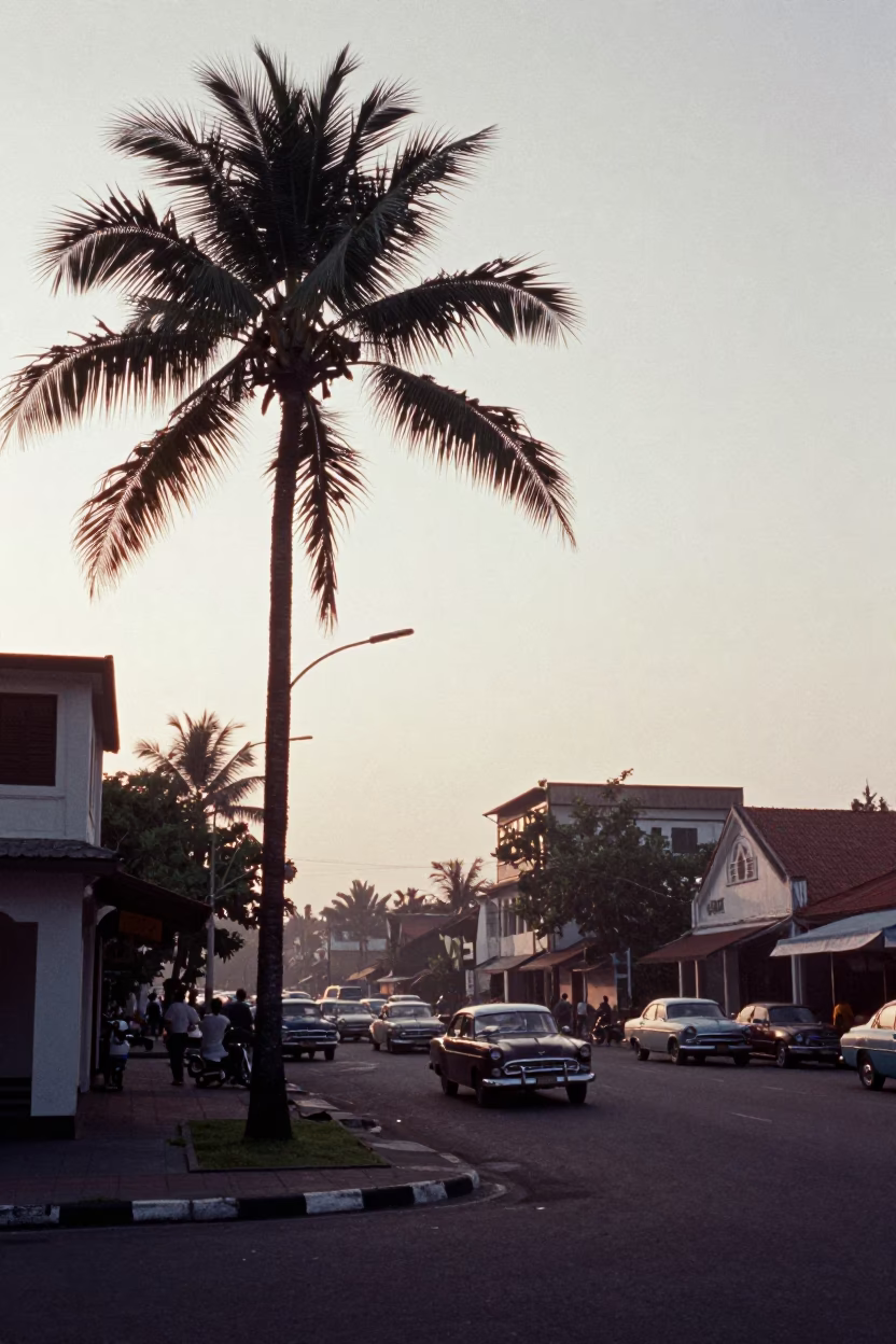 Vintage 1950s Surabaya Street Scene with Palm Tree Silhouette at Sunrise in in Surabaya, Indonesia