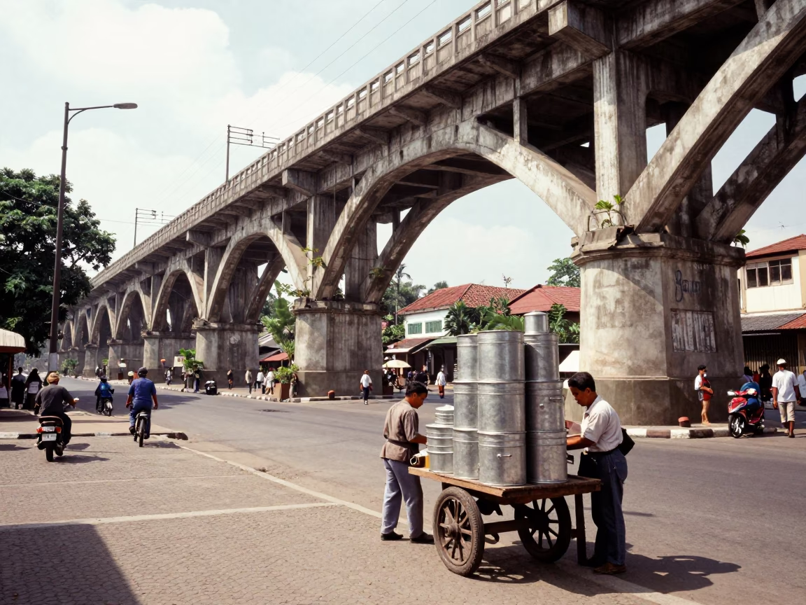 Vintage 1950s Surabaya Street Scene with Railway Viaduct and Local Life in in Surabaya, Indonesia