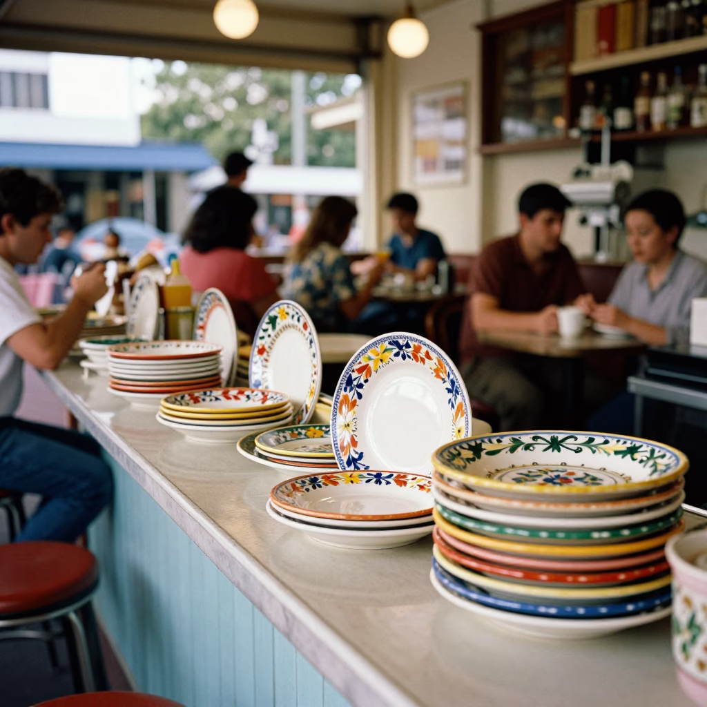 Vintage 1950s Sydney Cafe Counter with Majolica Plates and Wine Opener in in Sydney, New South Wales, Australia