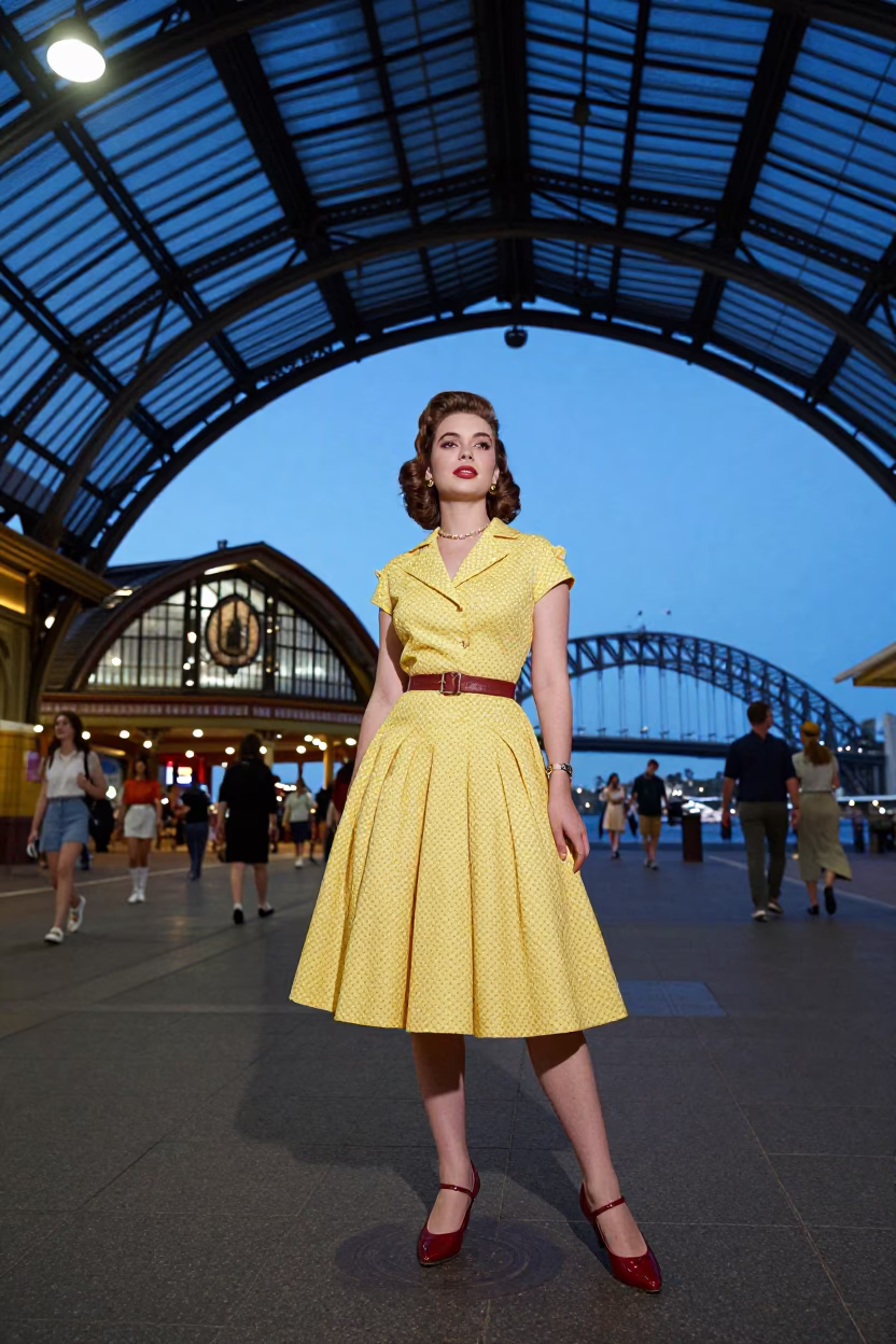 Vintage 1950s Sydney Evening Fashion Portrait at Circular Quay Train Station Under Twilight in in Sydney, New South Wales, Australia