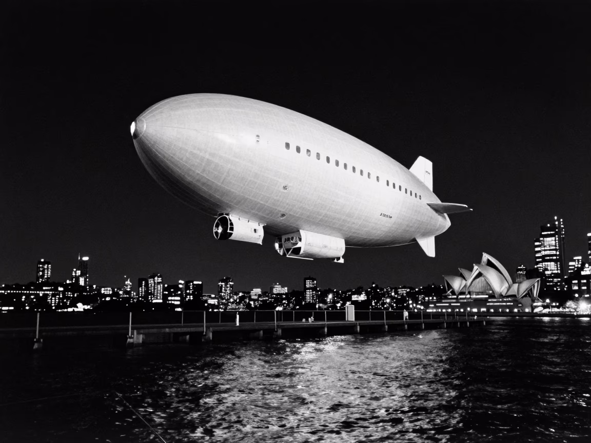 Vintage 1950s Sydney Harbour Night Scene with Zeppelin Airship Over Skyline in in Sydney, New South Wales, Australia