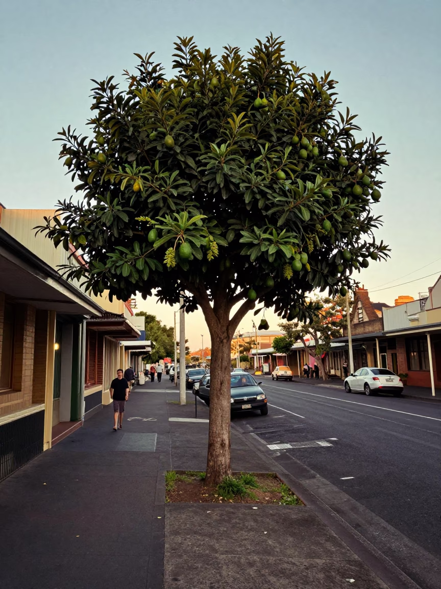 Vintage 1950s Sydney Street Scene with Avocado Tree and Glass Bucket in in Sydney, New South Wales, Australia