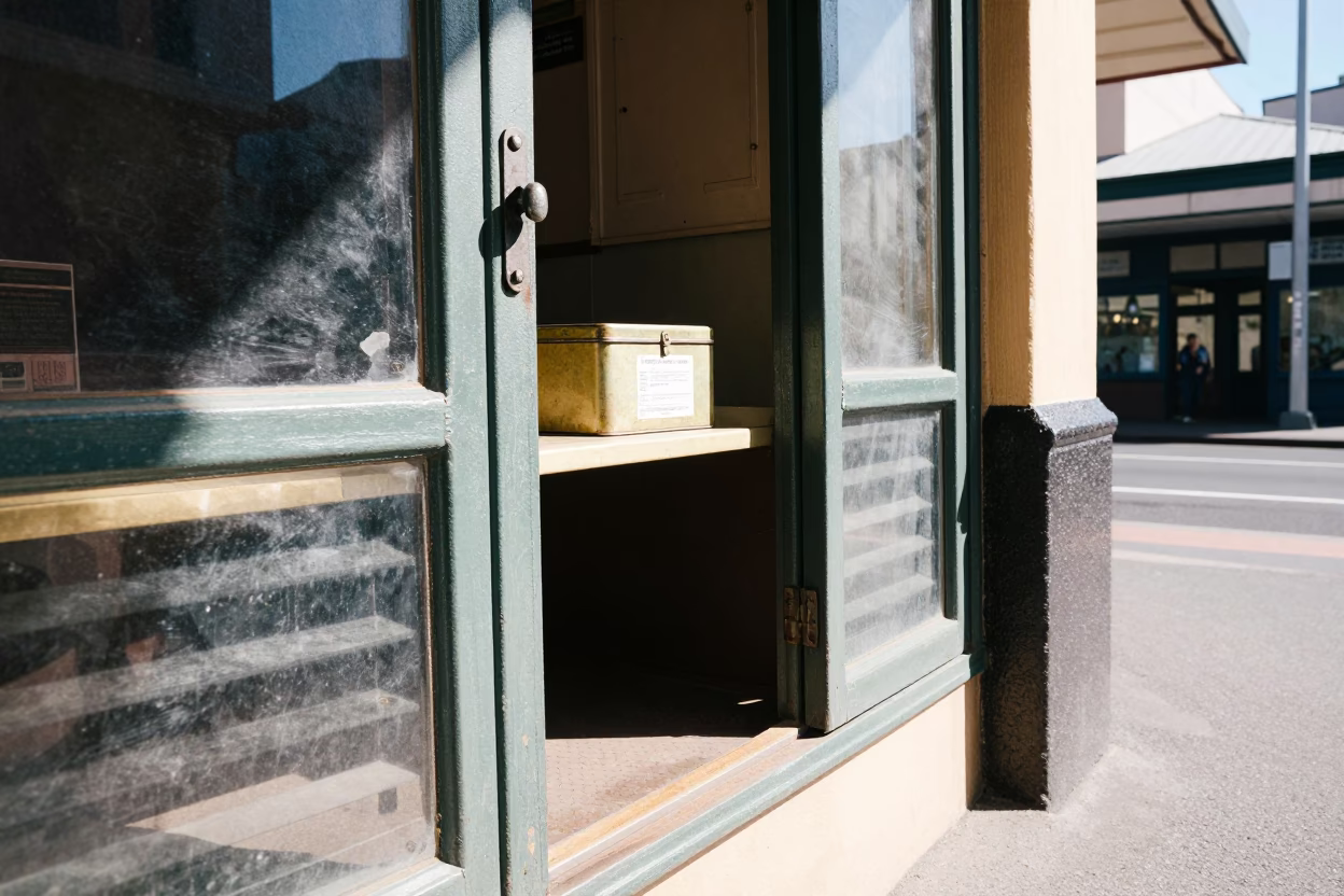Vintage 1950s Sydney Street Scene with Sunlight Stripes and Local Details in in Sydney, New South Wales, Australia