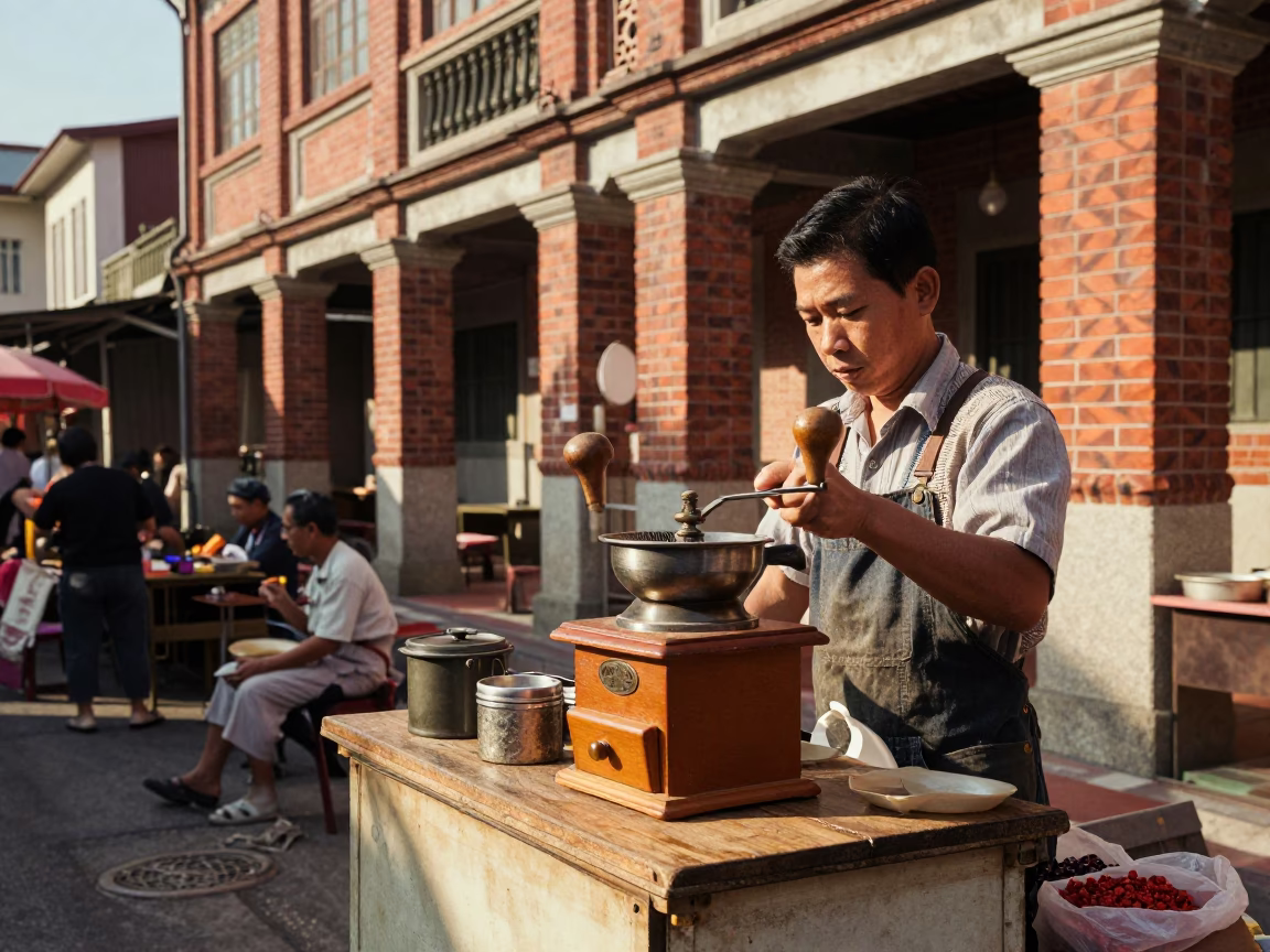 Vintage 1950s Tainan Street Life with Coffee Grinder and Spinning Top in in Tainan, Taiwan
