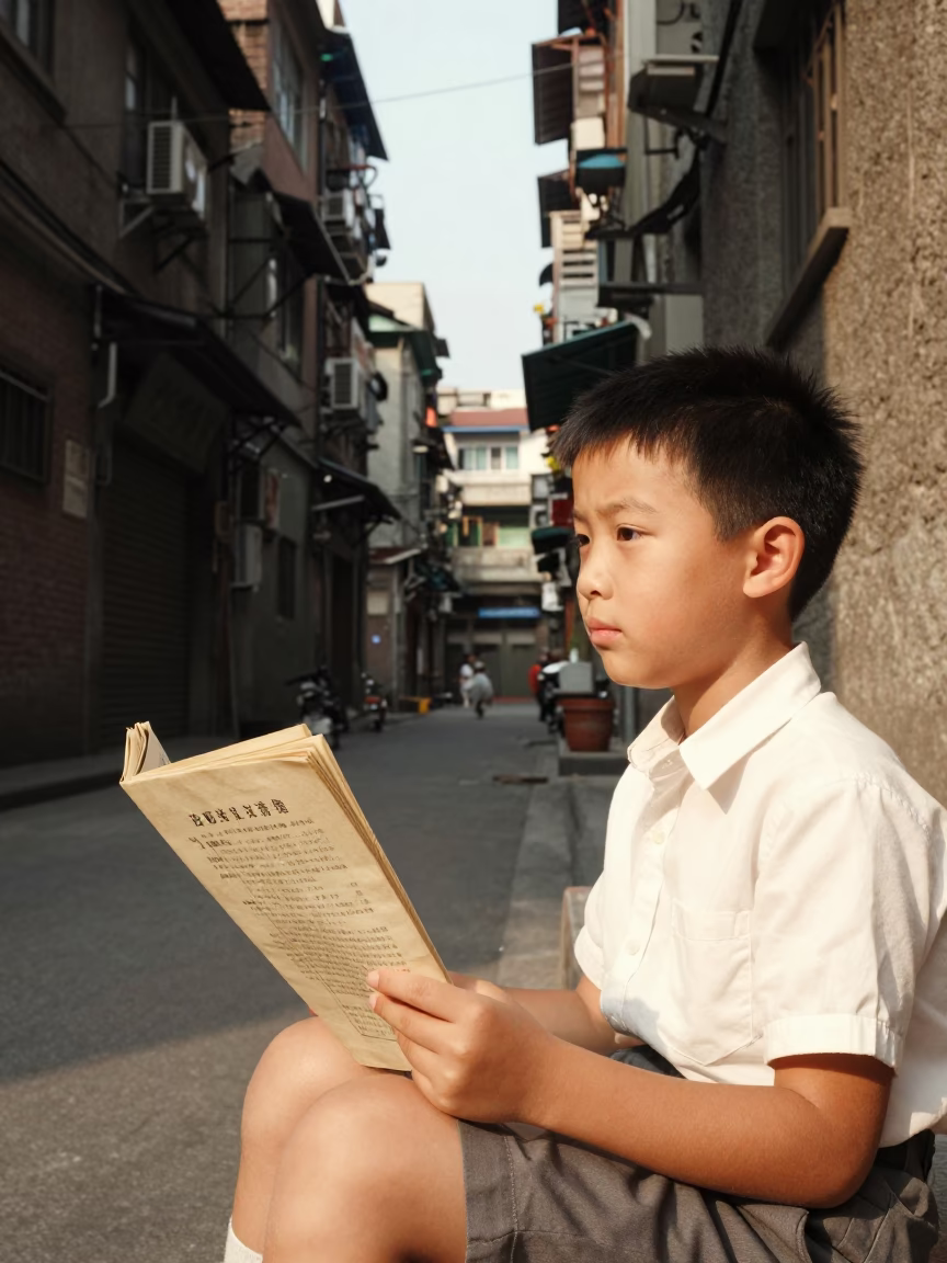 Vintage 1950s Taipei Street Scene with Child Reading Booklet and Morning Glory Vine in in Taipei, Taiwan