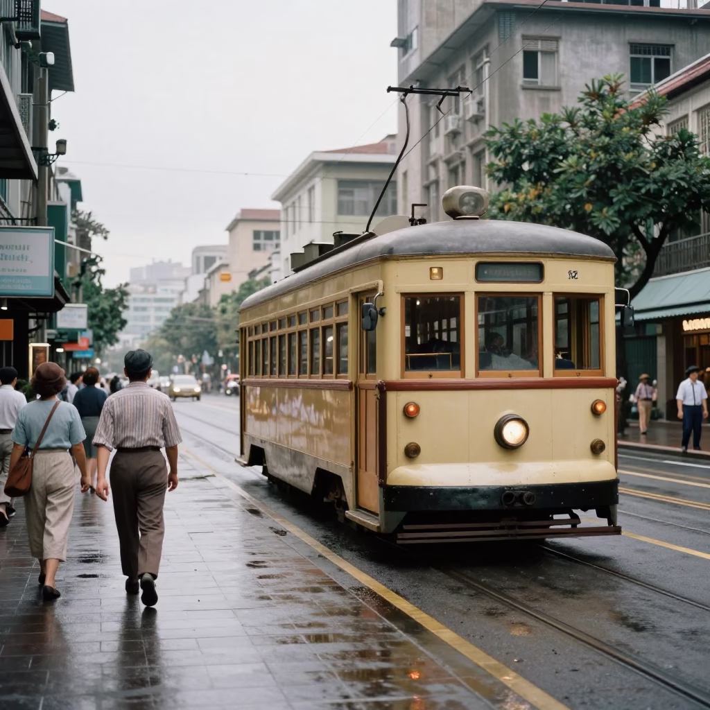 Vintage 1950s Taipei Street Scene with Heritage Tram and Local Market Activity in in Taipei, Taiwan