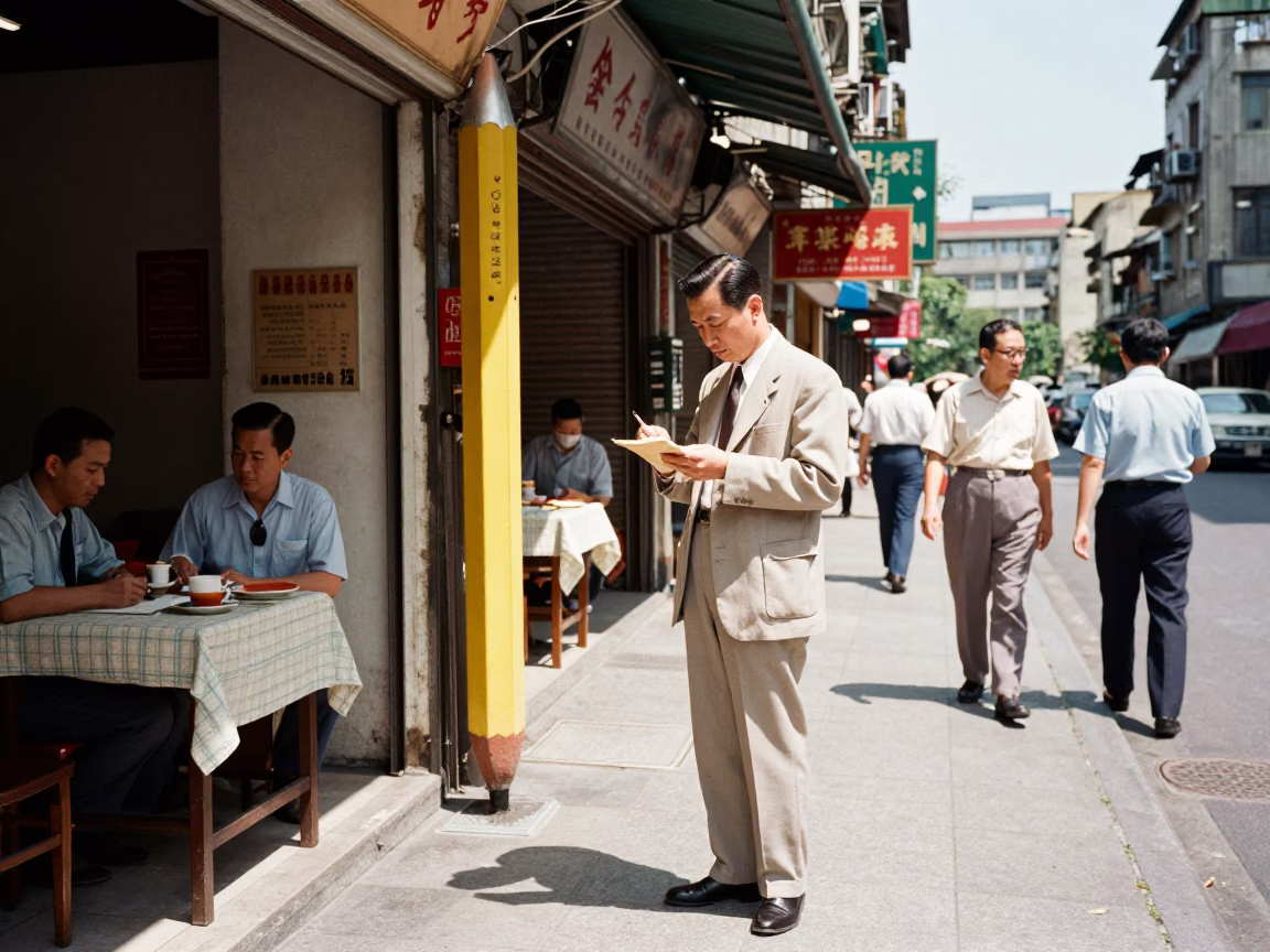Vintage 1950s Taipei Street Scene with Mechanical Pencil and Shoehorn in Bright Midmorning Light in in Taipei, Taiwan