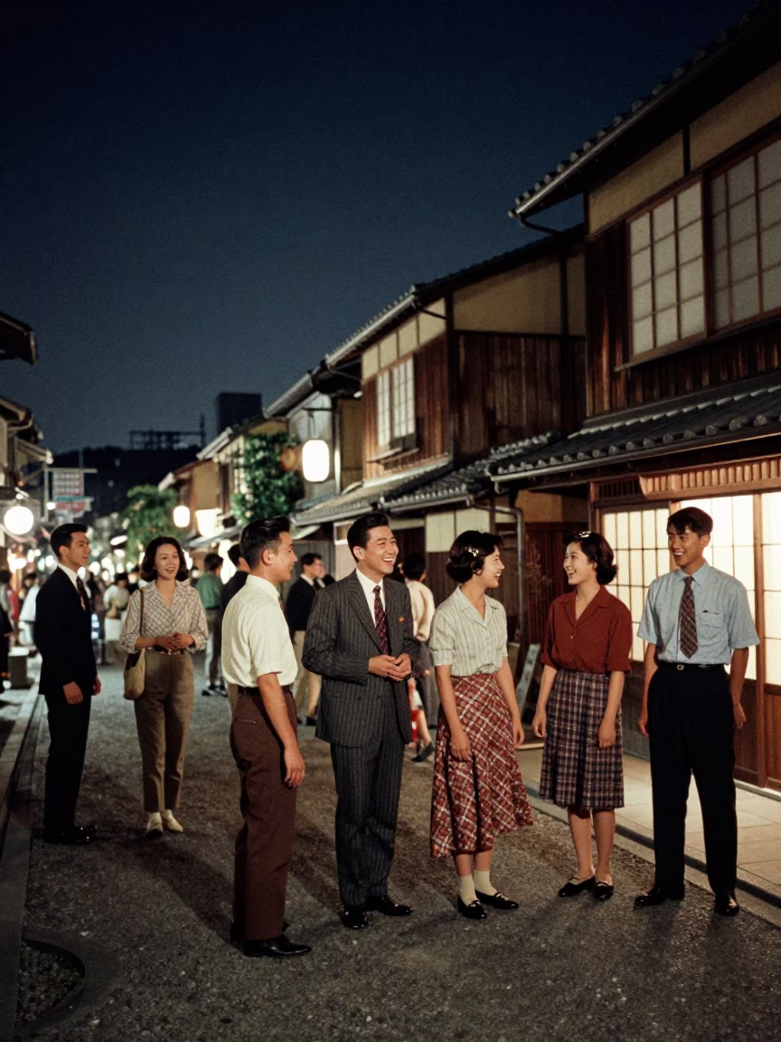 Vintage 1950s Tokyo Street Scene Nighttime with Laughter and Urban Life in in Tokyo, Japan