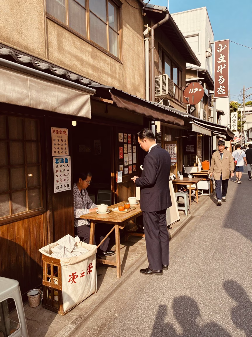 Vintage 1950s Tokyo Street Scene with Local Shopkeeper and Traditional Tools in in Tokyo, Japan