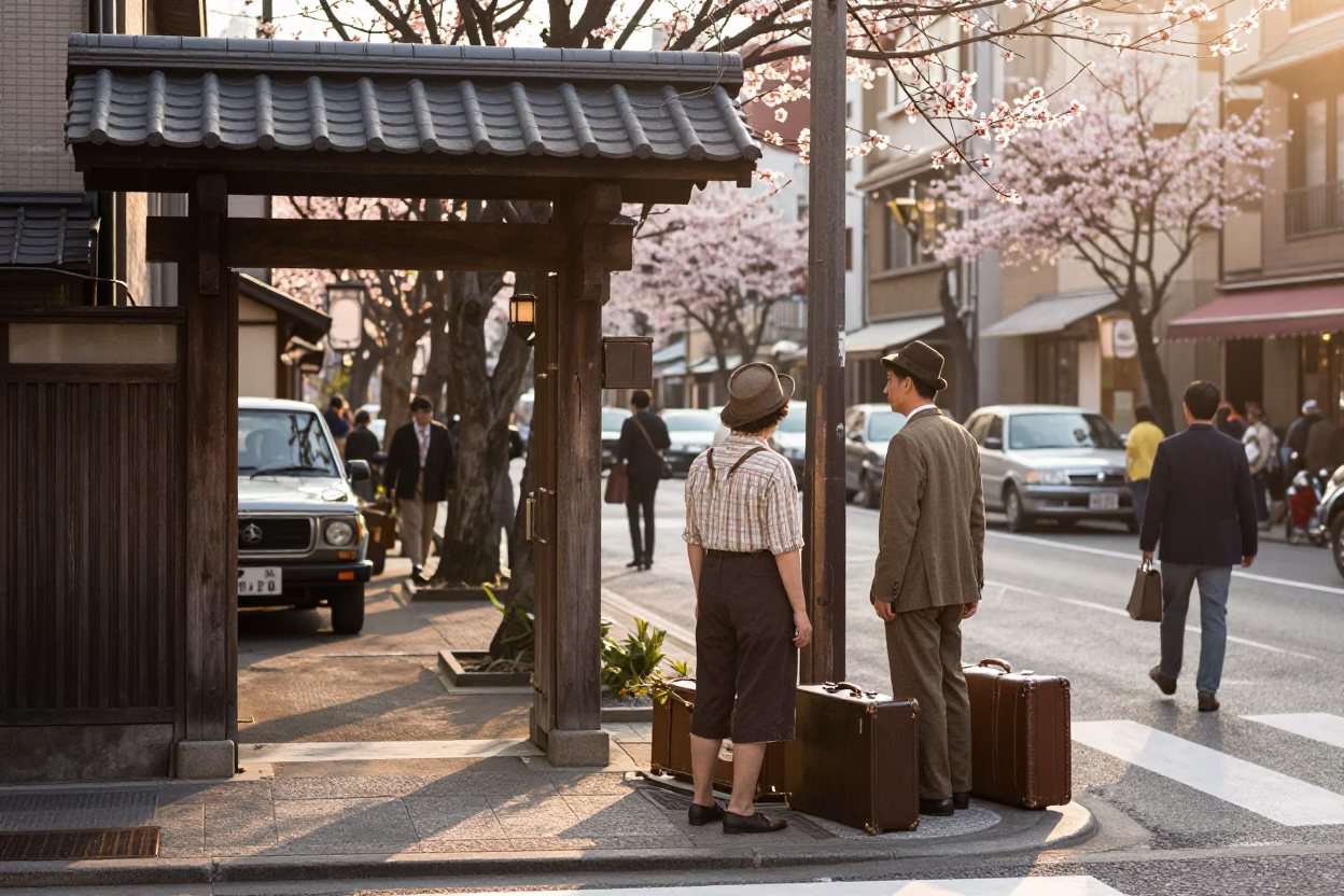 Vintage 1950s Tokyo Street Scene with Suitcases and Cherry Blossoms at Sunrise in in Tokyo, Japan