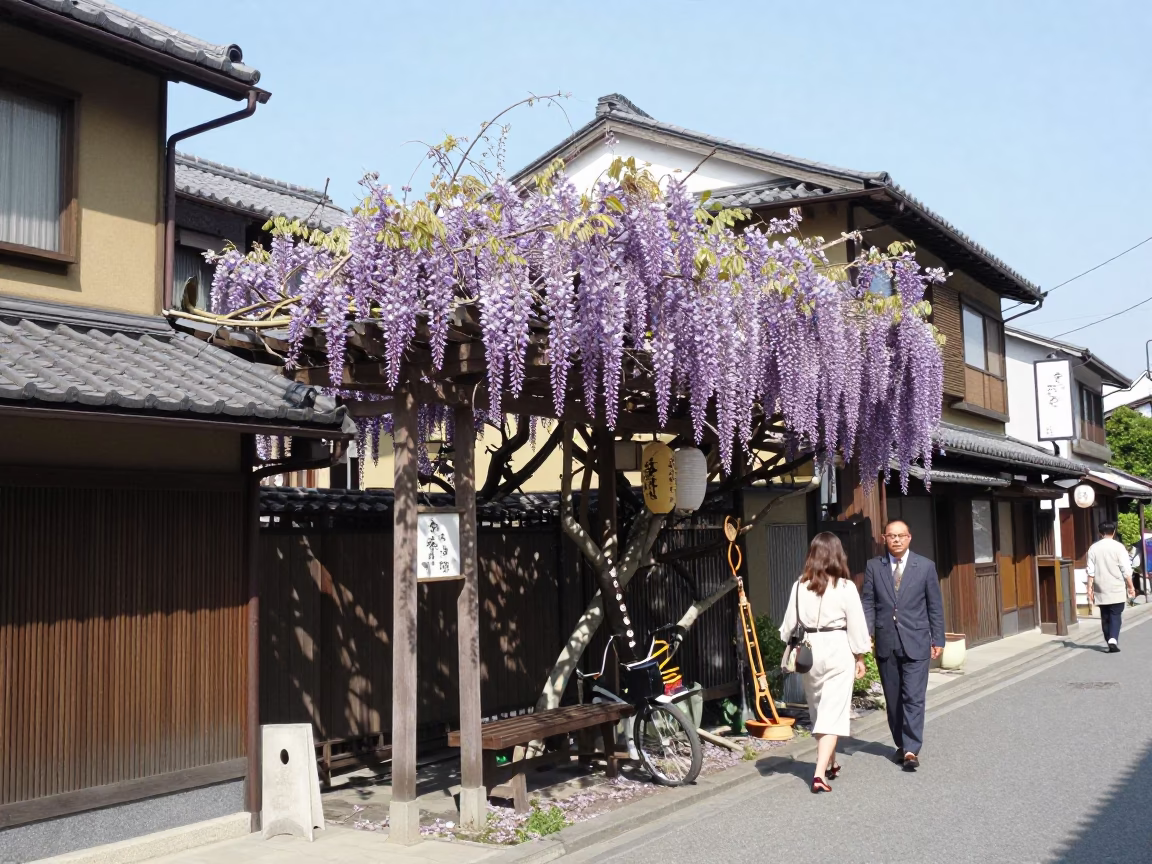 Vintage 1950s Tokyo Street Scene with Wisteria and Traditional Architecture in in Tokyo, Japan