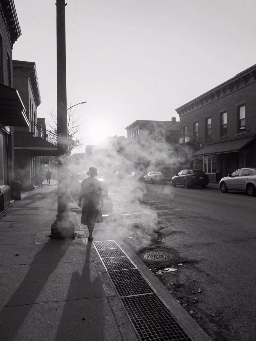 Vintage 1950s Toronto Dawn Street Scene with Steam Haze and Shirt Hanger in in Toronto, Ontario, Canada
