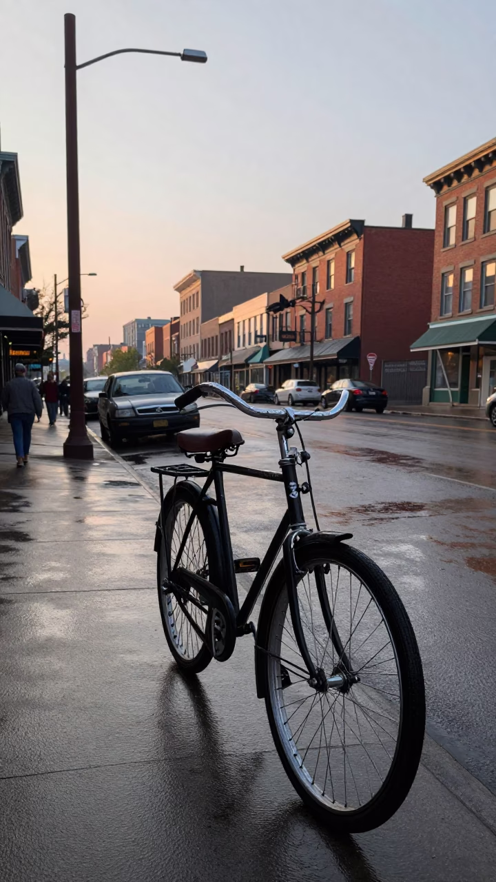 Vintage 1950s Toronto Early Morning Street Scene with Bicycle and Historic Architecture in in Toronto, Ontario, Canada