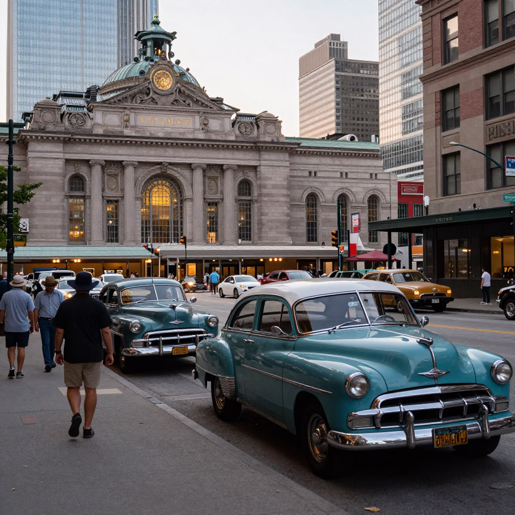 Vintage 1950s Toronto Evening Street Scene with Classic Cars and Pedestrians Near Union Station in in Toronto, Ontario, Canada