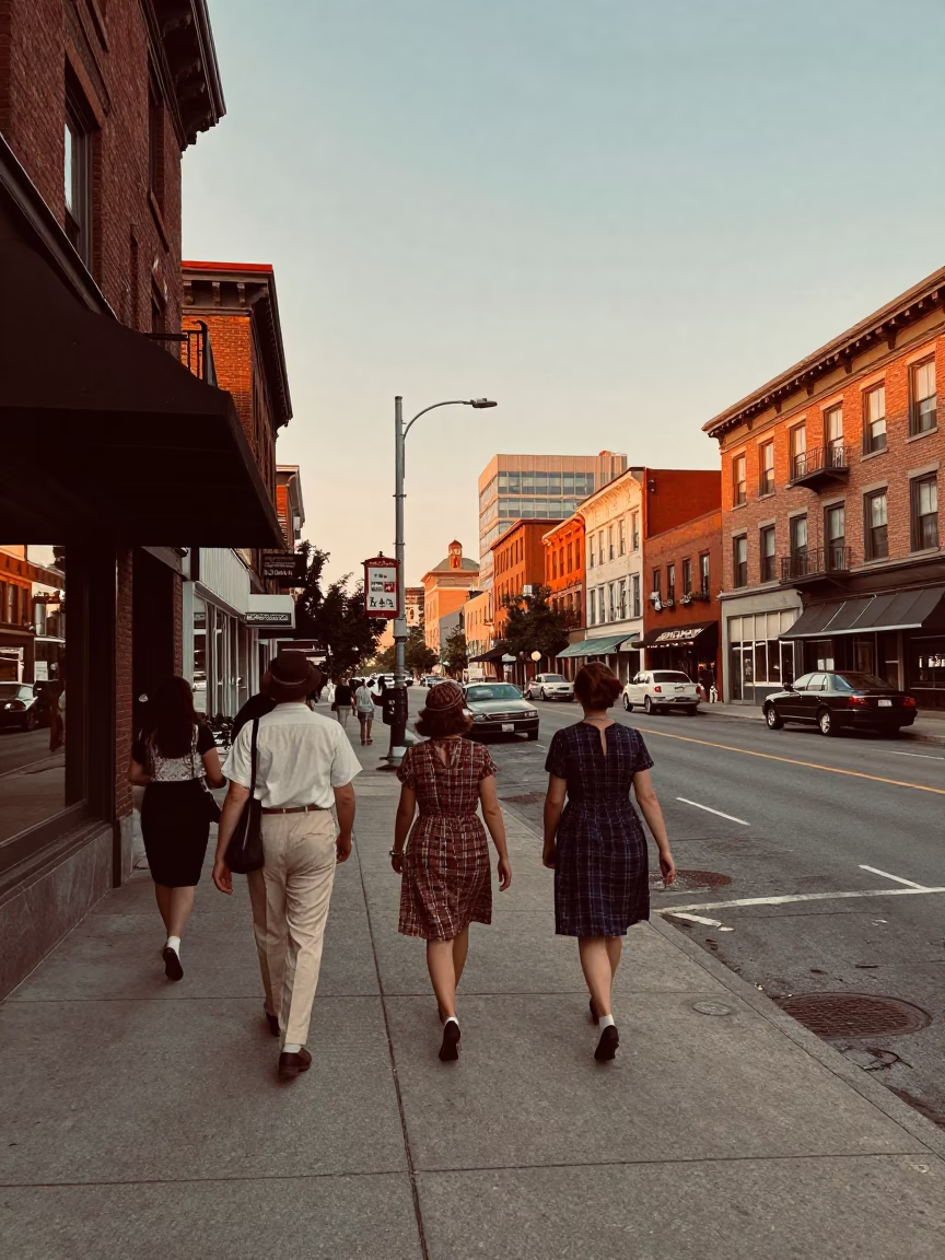 Vintage 1950s Toronto Evening Street Scene with Pedestrians and Classic Architecture in in Toronto, Ontario, Canada