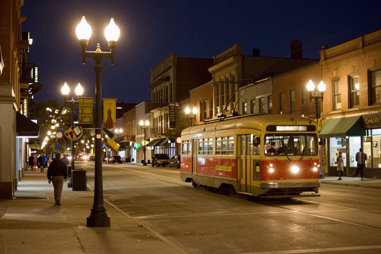 Vintage 1950s Toronto Night Street Scene with Tram and Classic Cars in in Toronto, Ontario, Canada