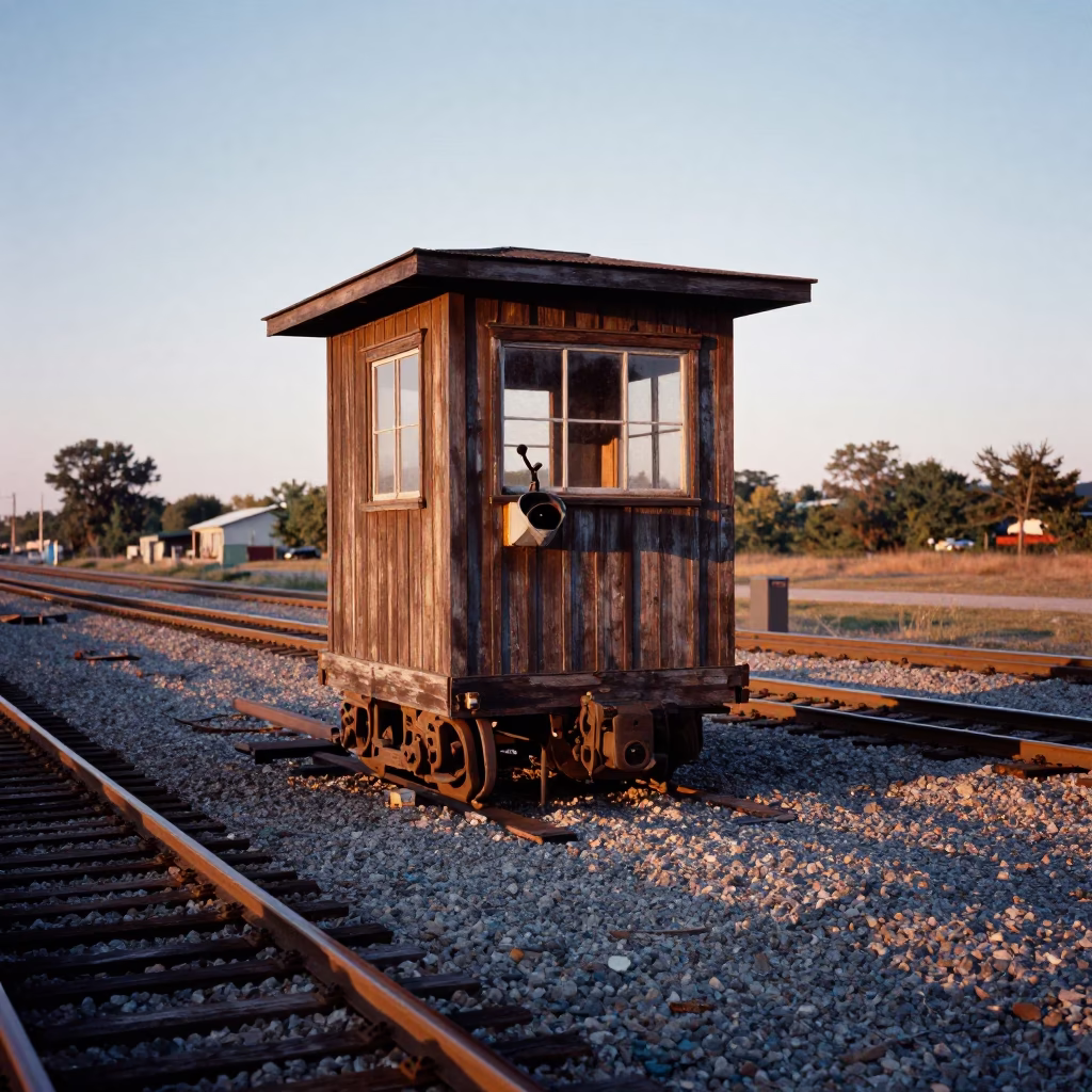Vintage 1950s Toronto Railway Signal Cabin at Dawn with Switch Tracks in in Toronto, Ontario, Canada