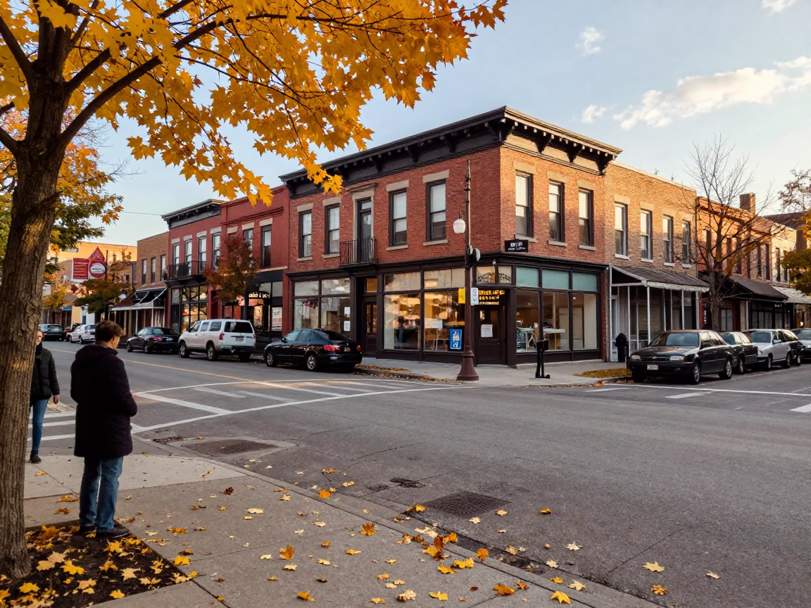 Vintage 1950s Toronto Street Scene with Autumn Maple Leaves and Classic Architecture in in Toronto, Ontario, Canada