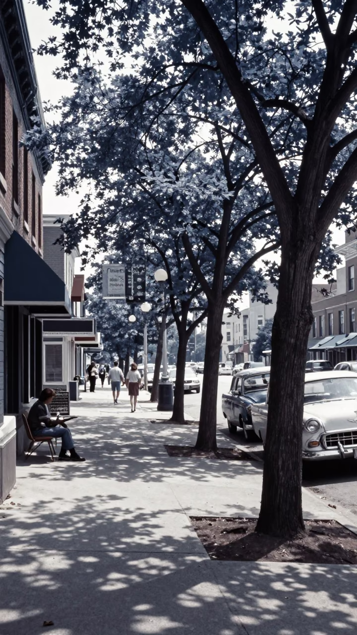 Vintage 1950s Toronto Street Scene with Blue and White Porcelain Jar on Cafe Table in in Toronto, Ontario, Canada