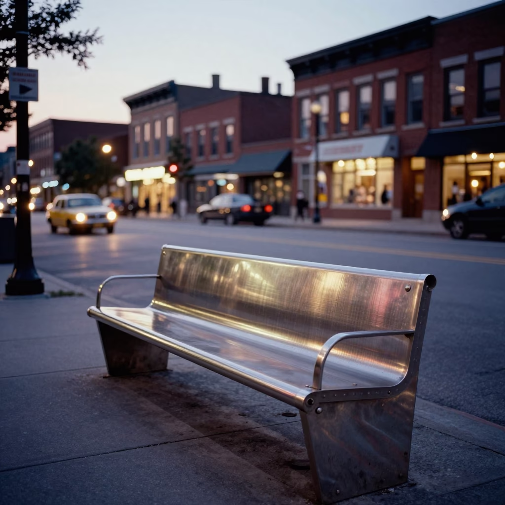 Vintage 1950s Toronto Street Scene with Brushed Steel Bench and Crimson Japanese Maple in in Toronto, Ontario, Canada
