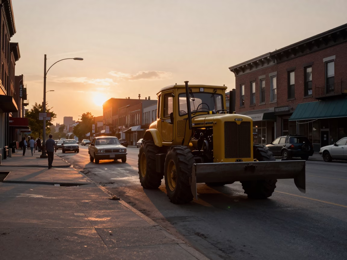 Vintage 1950s Toronto Street Scene with Bulldozer and Construction Site at Sunset in in Toronto, Ontario, Canada