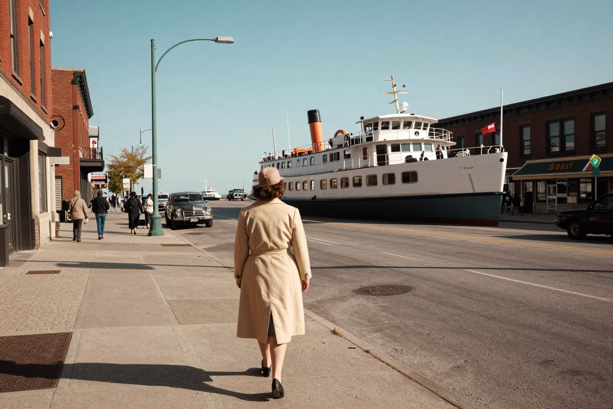 Vintage 1950s Toronto Street Scene with Catamaran Ferry in Harbourside Background in in Toronto, Ontario, Canada