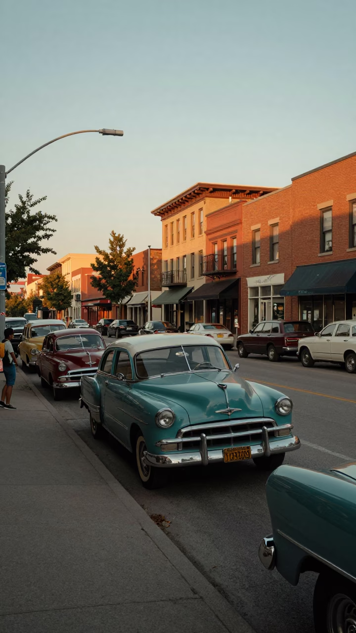 Vintage 1950s Toronto Street Scene with Classic Cars and Honeyed Evening Light in in Toronto, Ontario, Canada