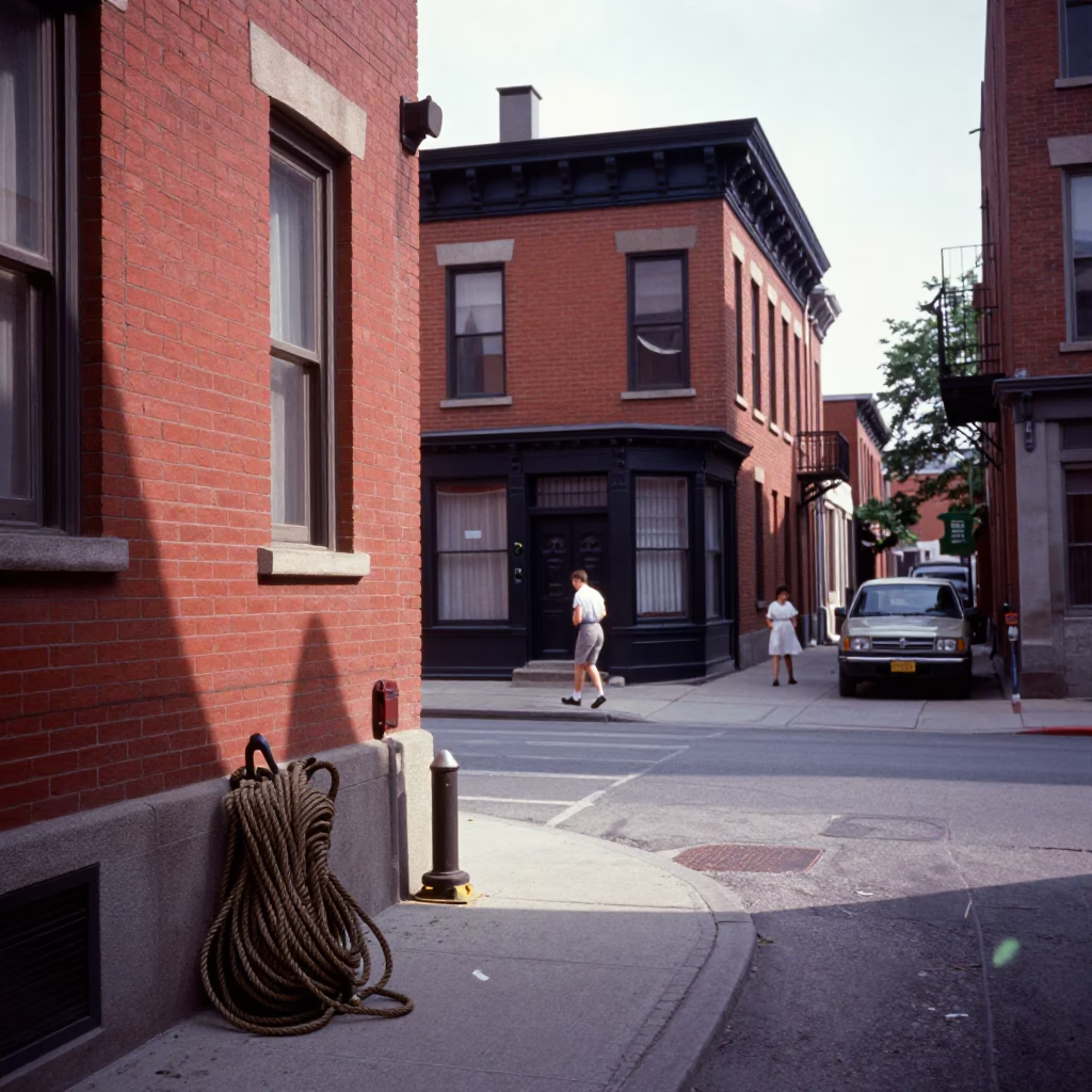 Vintage 1950s Toronto Street Scene with Coiled Rope and Tailor Shears in Urban Alleyway in in Toronto, Ontario, Canada