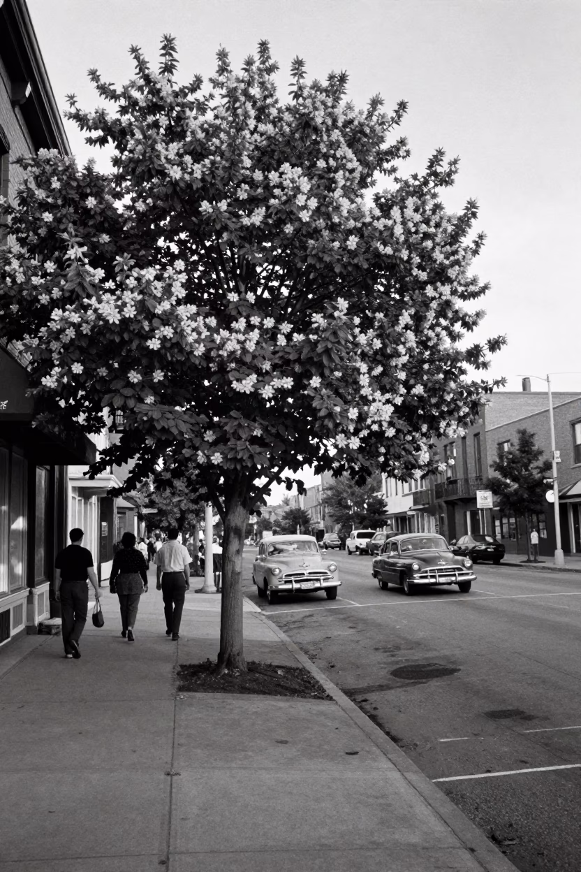 Vintage 1950s Toronto Street Scene with Dogwood Tree and Sunset Light in in Toronto, Ontario, Canada