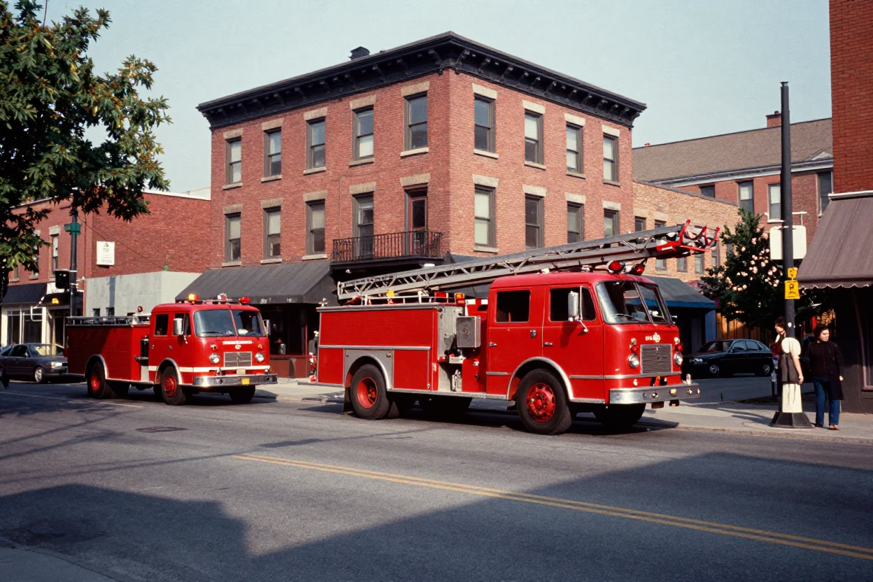 Vintage 1950s Toronto Street Scene with Fire Engine and Brick Architecture in in Toronto, Ontario, Canada