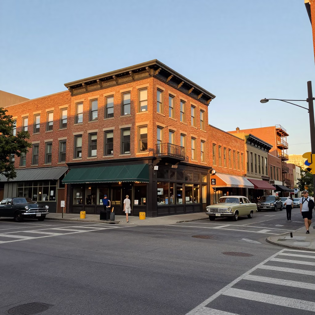 Vintage 1950s Toronto Street Scene with Heritage Architecture and Golden Hour Light in in Toronto, Ontario, Canada