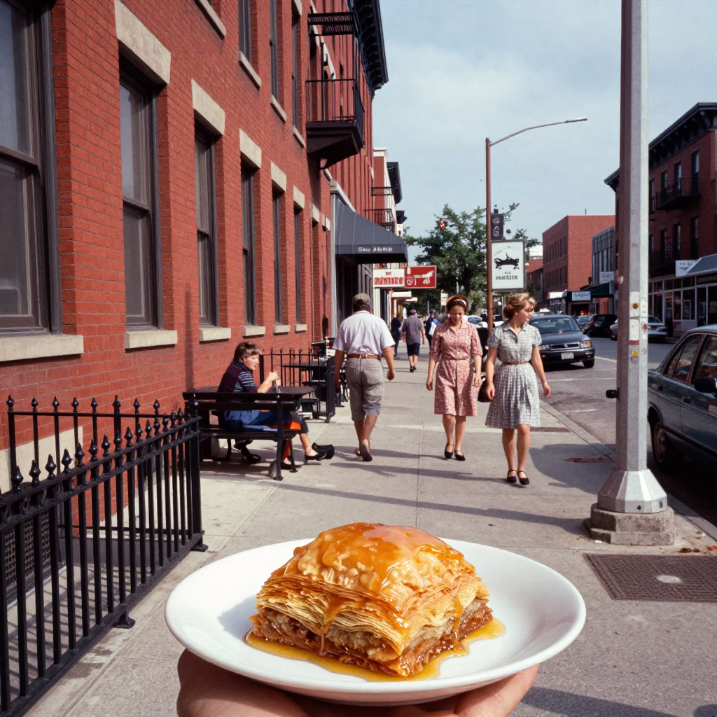 Vintage 1950s Toronto Street Scene with Honey Dripping Baklava on Tablecloth in in Toronto, Ontario, Canada