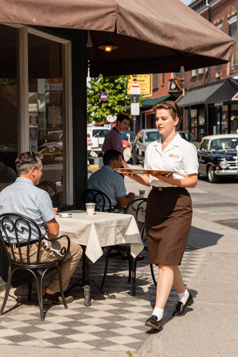 Vintage 1950s Toronto Street Scene with Linen Runner and Rusty Tray on Cafe Table in in Toronto, Ontario, Canada