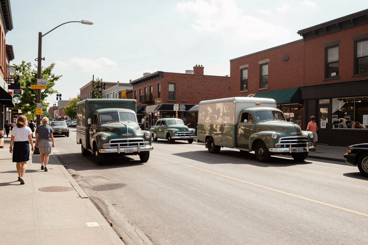 Vintage 1950s Toronto Street Scene with Pedestrians and Classic Automobiles in in Toronto, Ontario, Canada