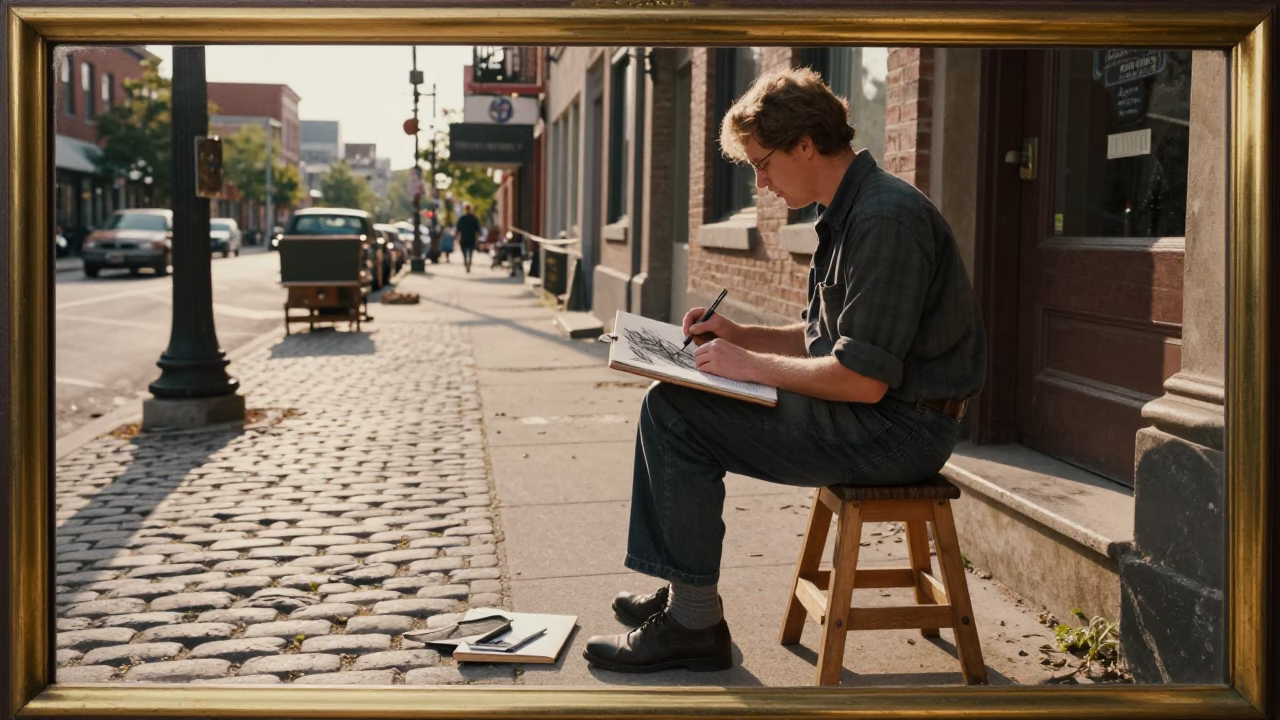 Vintage 1950s Toronto Street Scene with Polished Brass Frame and Charcoal Sketchbook in in Toronto, Ontario, Canada