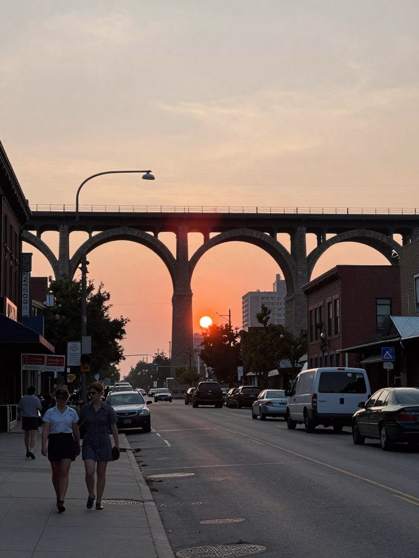 Vintage 1950s Toronto Street Scene with Railway Viaduct and Sunset Light in in Toronto, Ontario, Canada